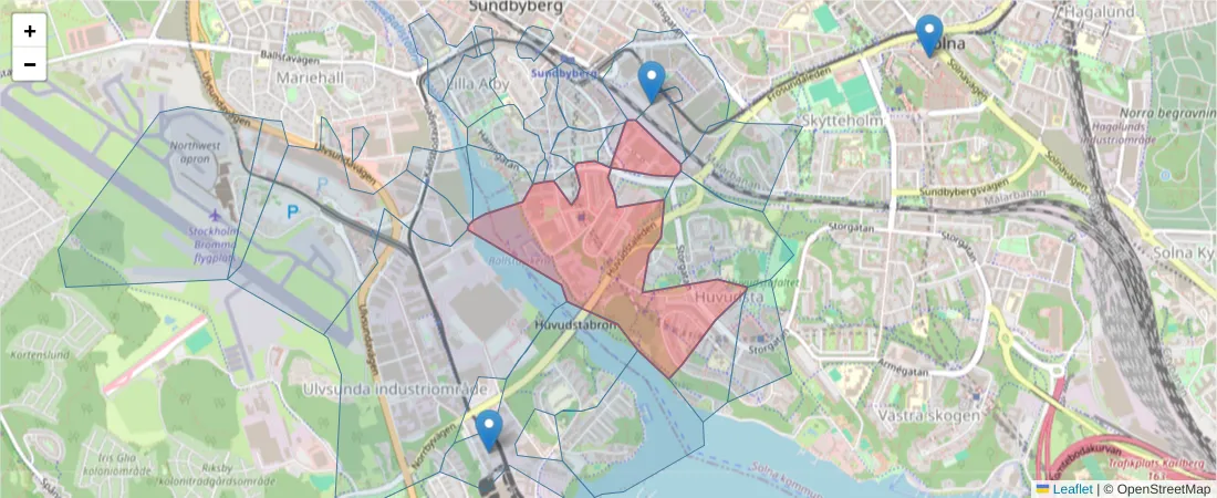 Karta över postnummerområdet  och angränsande postnummer i Sverige