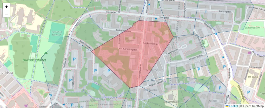 Karta över postnummerområdet  och angränsande postnummer i Sverige