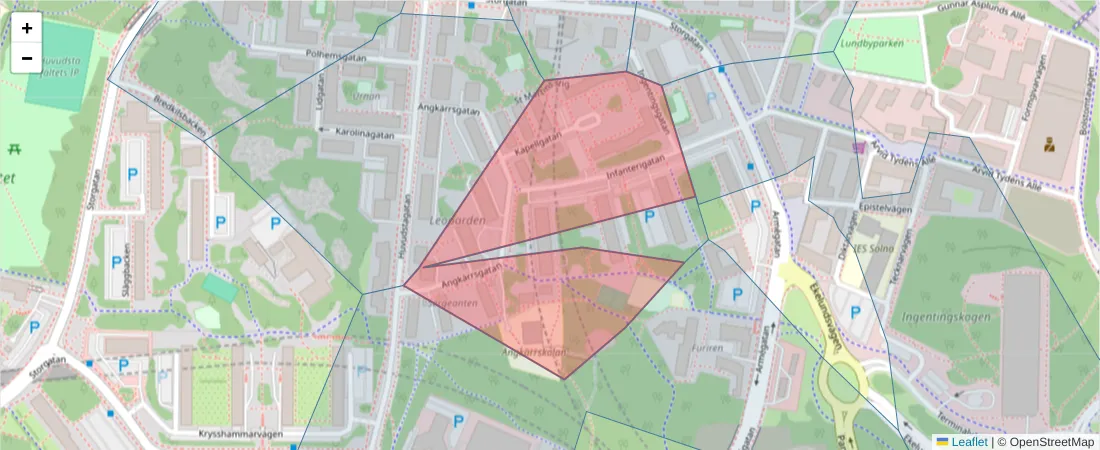 Karta över postnummerområdet  och angränsande postnummer i Sverige