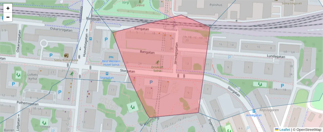 Karta över postnummerområdet  och angränsande postnummer i Sverige