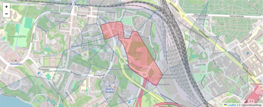 Karta över postnummerområdet  och angränsande postnummer i Sverige