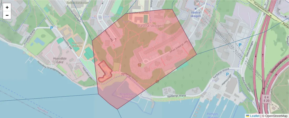 Karta över postnummerområdet  och angränsande postnummer i Sverige
