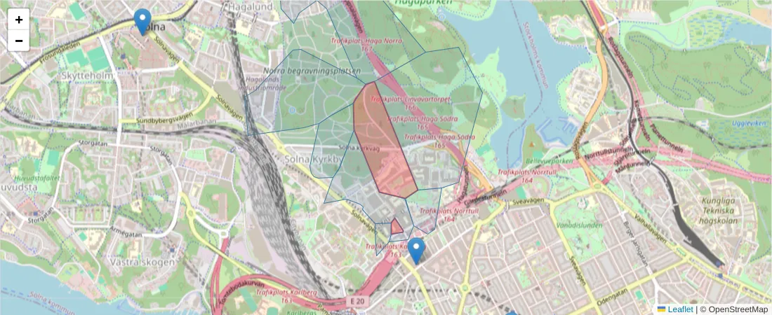 Karta över postnummerområdet  och angränsande postnummer i Sverige