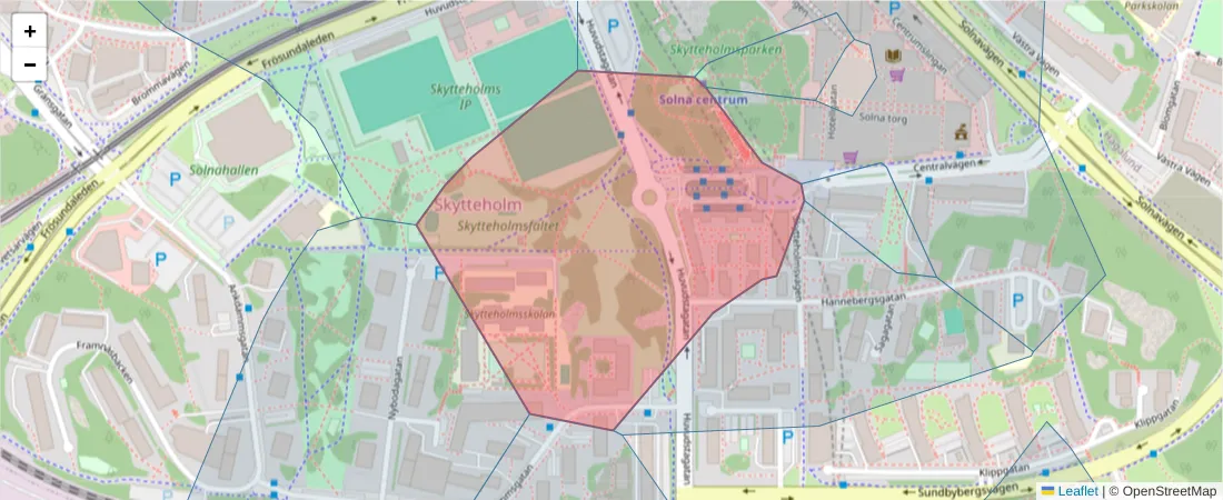 Karta över postnummerområdet  och angränsande postnummer i Sverige