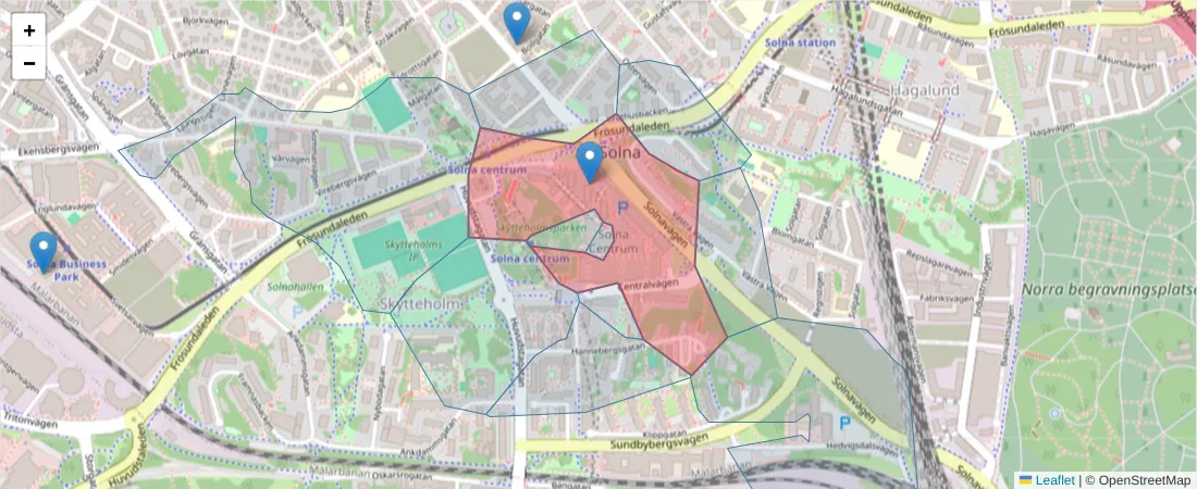 Karta över postnummerområdet  och angränsande postnummer i Sverige