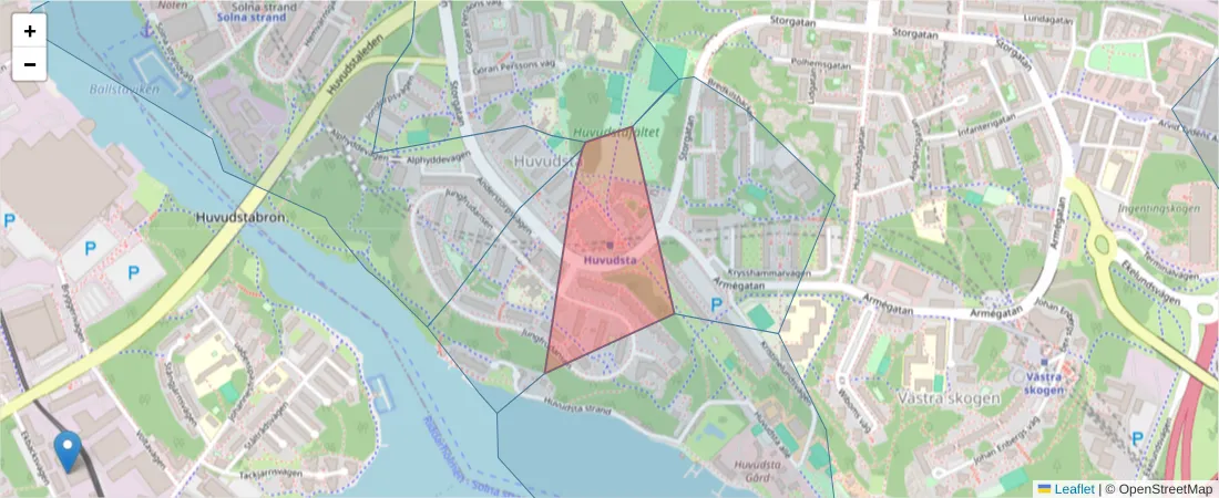 Karta över postnummerområdet  och angränsande postnummer i Sverige