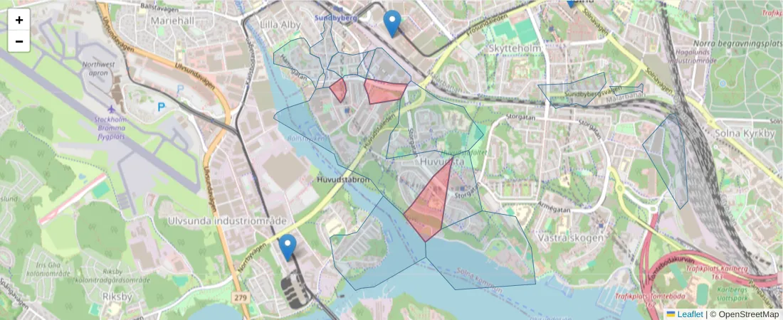 Karta över postnummerområdet  och angränsande postnummer i Sverige