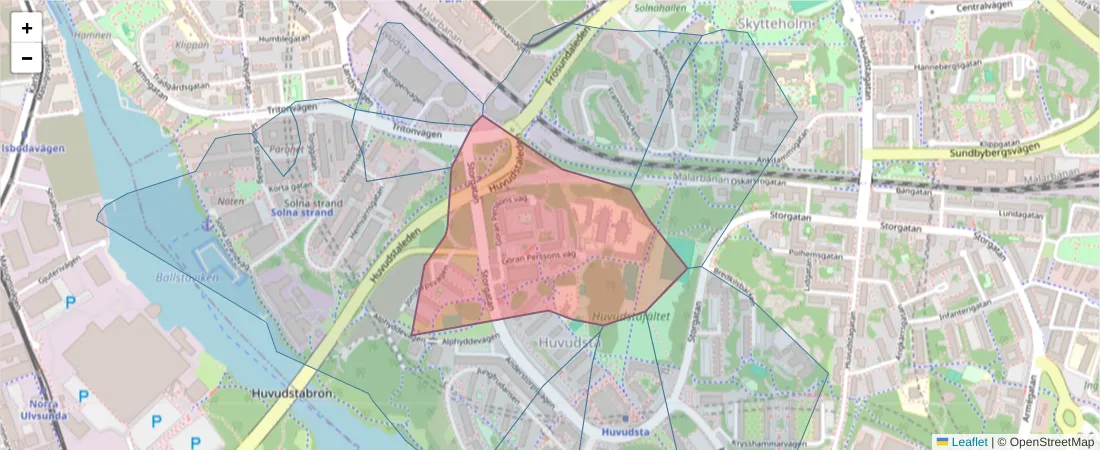 Karta över postnummerområdet  och angränsande postnummer i Sverige