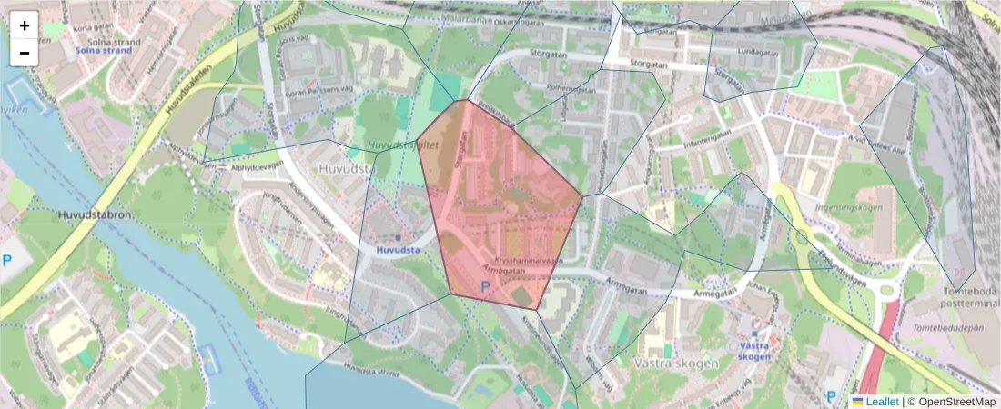 Karta över postnummerområdet  och angränsande postnummer i Sverige