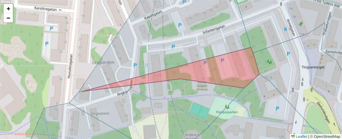 Karta över postnummerområdet  och angränsande postnummer i Sverige