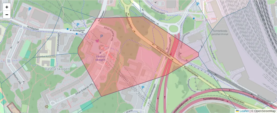 Karta över postnummerområdet  och angränsande postnummer i Sverige