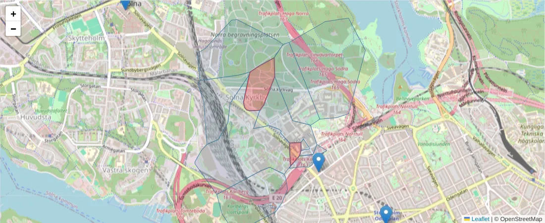 Karta över postnummerområdet  och angränsande postnummer i Sverige