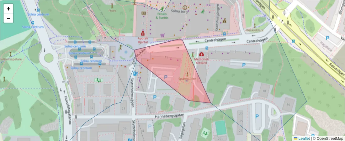 Karta över postnummerområdet  och angränsande postnummer i Sverige