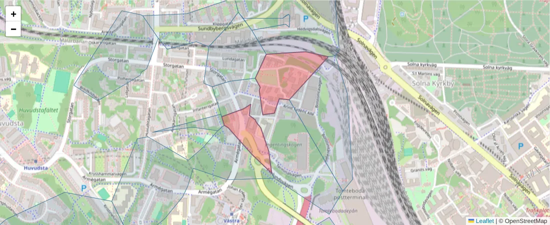 Karta över postnummerområdet  och angränsande postnummer i Sverige
