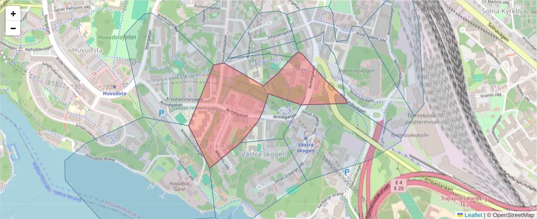 Karta över postnummerområdet  och angränsande postnummer i Sverige