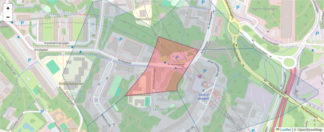 Karta över postnummerområdet  och angränsande postnummer i Sverige