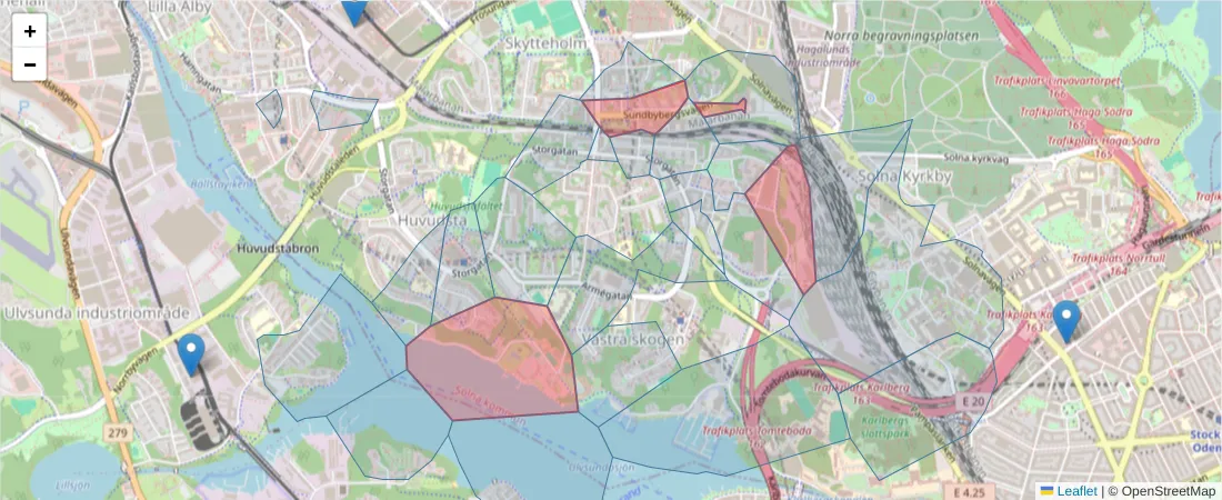 Karta över postnummerområdet  och angränsande postnummer i Sverige
