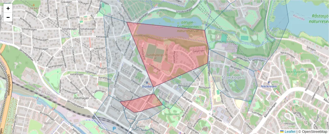 Karta över postnummerområdet  och angränsande postnummer i Sverige