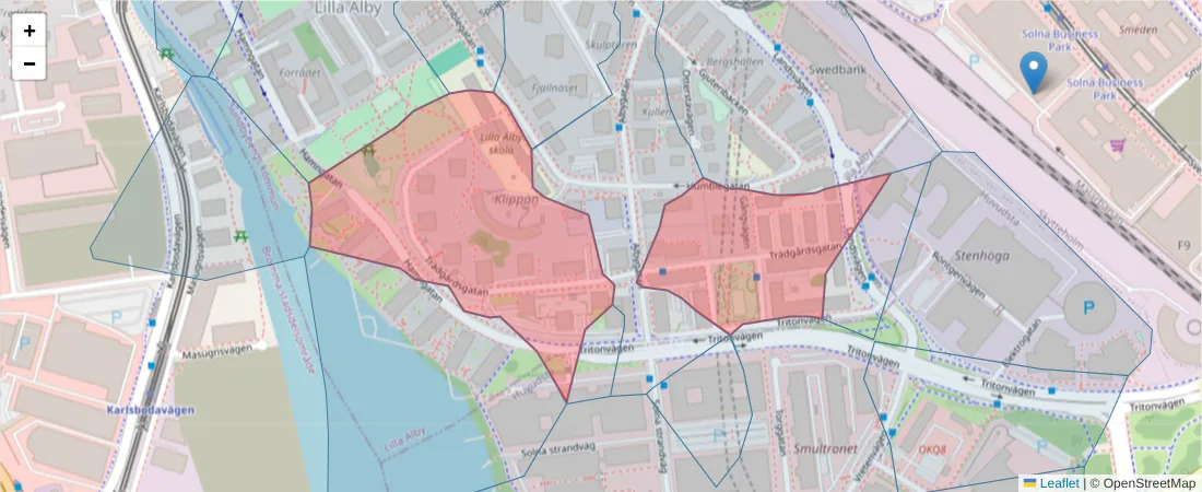 Karta över postnummerområdet  och angränsande postnummer i Sverige