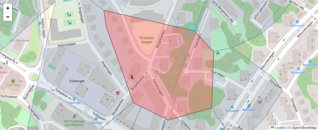 Karta över postnummerområdet  och angränsande postnummer i Sverige