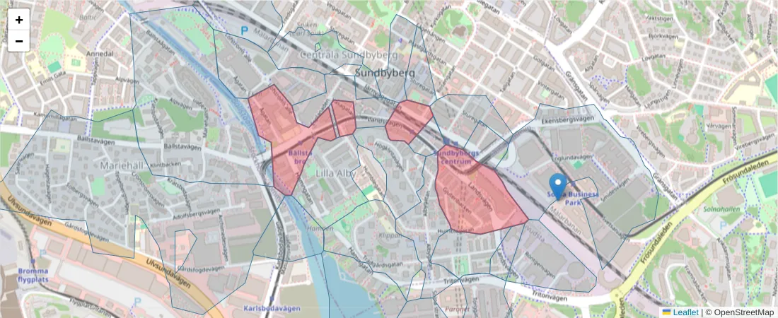 Karta över postnummerområdet  och angränsande postnummer i Sverige