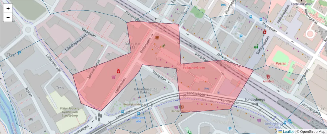 Karta över postnummerområdet  och angränsande postnummer i Sverige