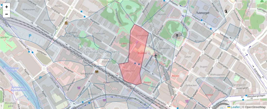 Karta över postnummerområdet  och angränsande postnummer i Sverige