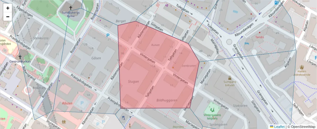 Karta över postnummerområdet  och angränsande postnummer i Sverige