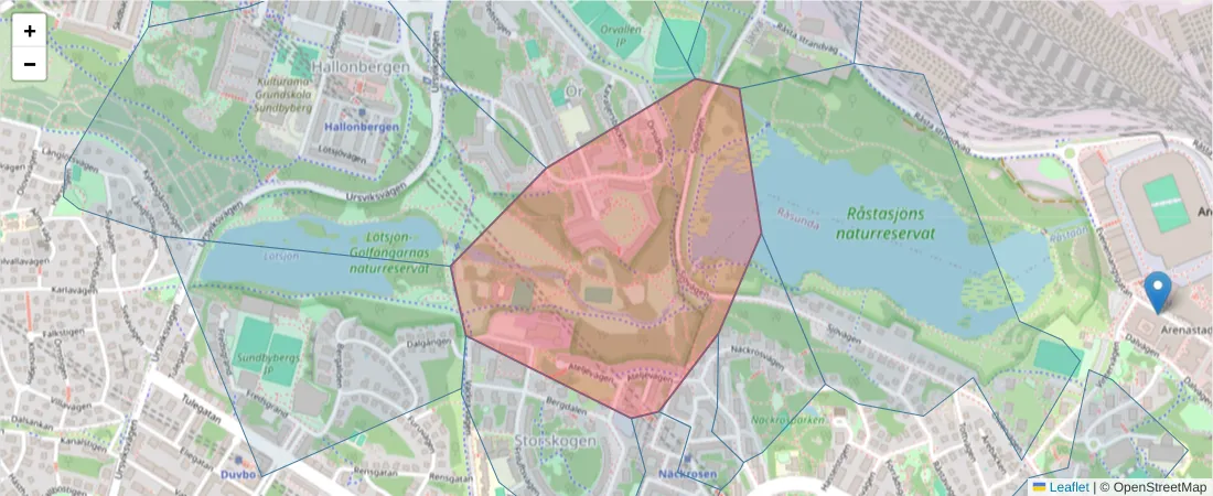 Karta över postnummerområdet  och angränsande postnummer i Sverige