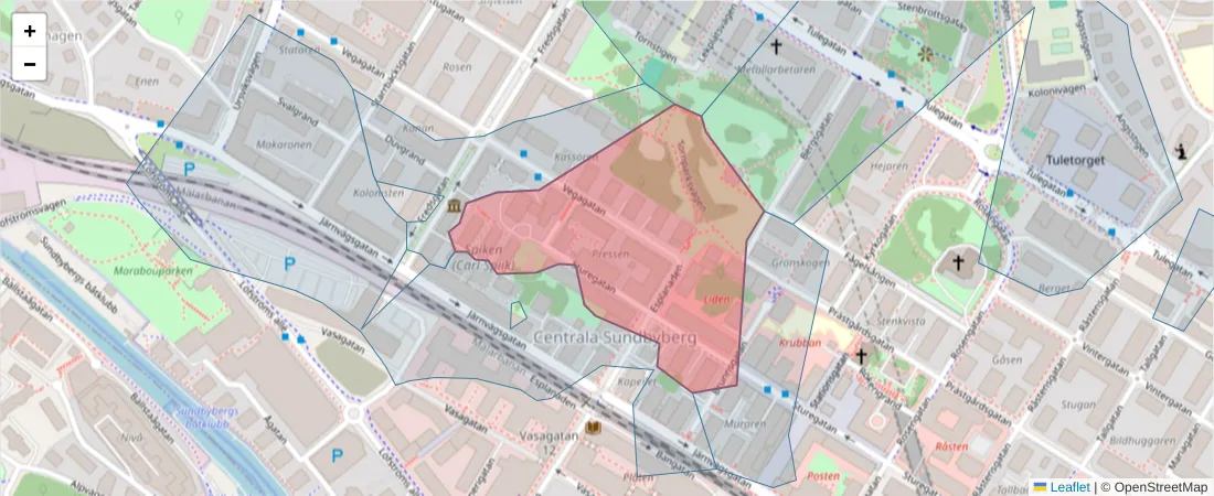 Karta över postnummerområdet  och angränsande postnummer i Sverige