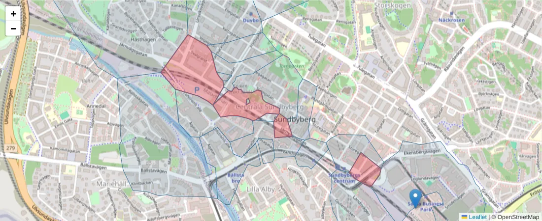 Karta över postnummerområdet  och angränsande postnummer i Sverige