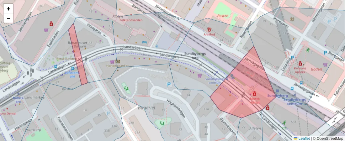 Karta över postnummerområdet  och angränsande postnummer i Sverige