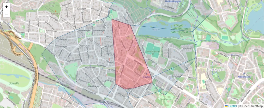 Karta över postnummerområdet  och angränsande postnummer i Sverige