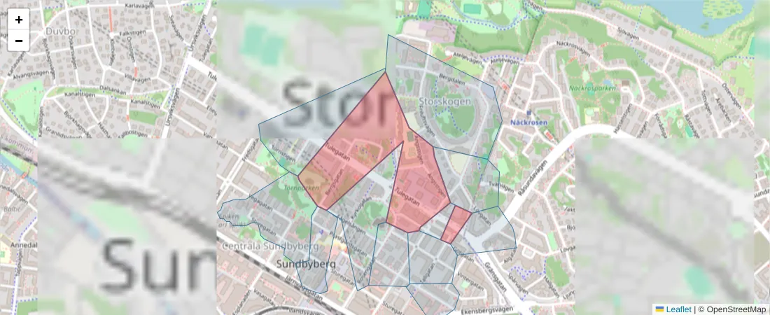 Karta över postnummerområdet  och angränsande postnummer i Sverige