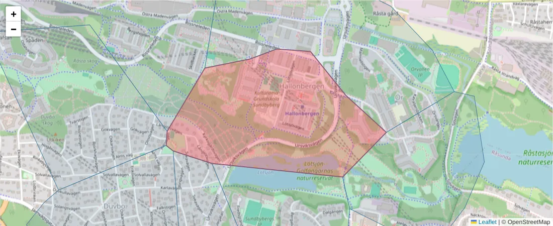 Karta över postnummerområdet  och angränsande postnummer i Sverige
