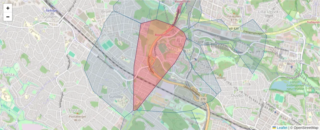 Karta över postnummerområdet  och angränsande postnummer i Sverige