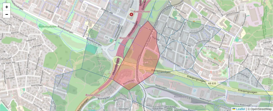 Karta över postnummerområdet  och angränsande postnummer i Sverige