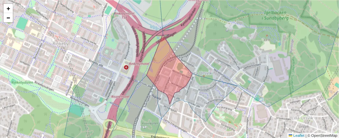 Karta över postnummerområdet  och angränsande postnummer i Sverige