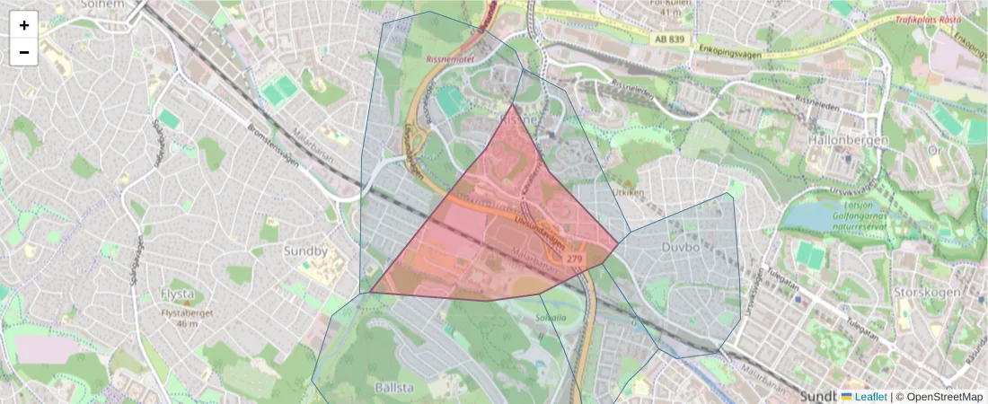 Karta över postnummerområdet  och angränsande postnummer i Sverige