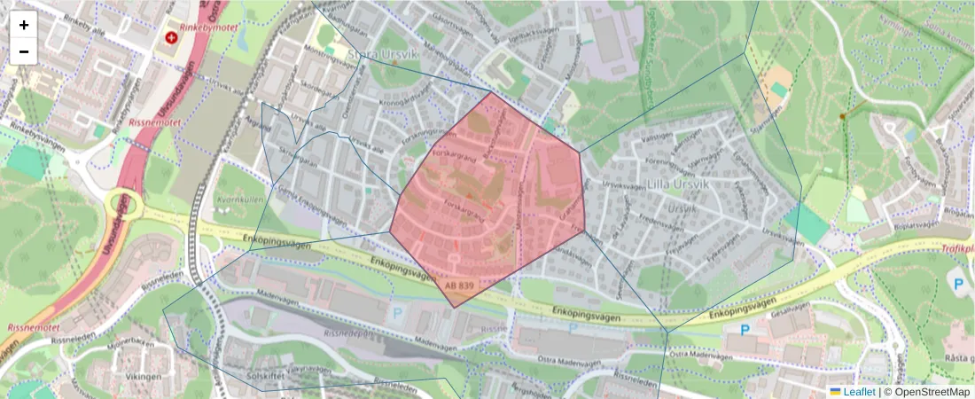 Karta över postnummerområdet  och angränsande postnummer i Sverige