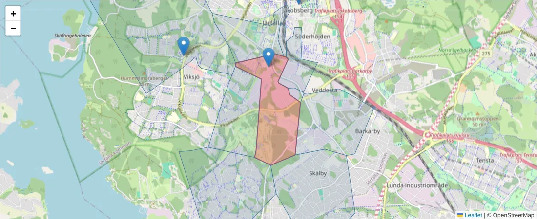 Karta över postnummerområdet  och angränsande postnummer i Sverige