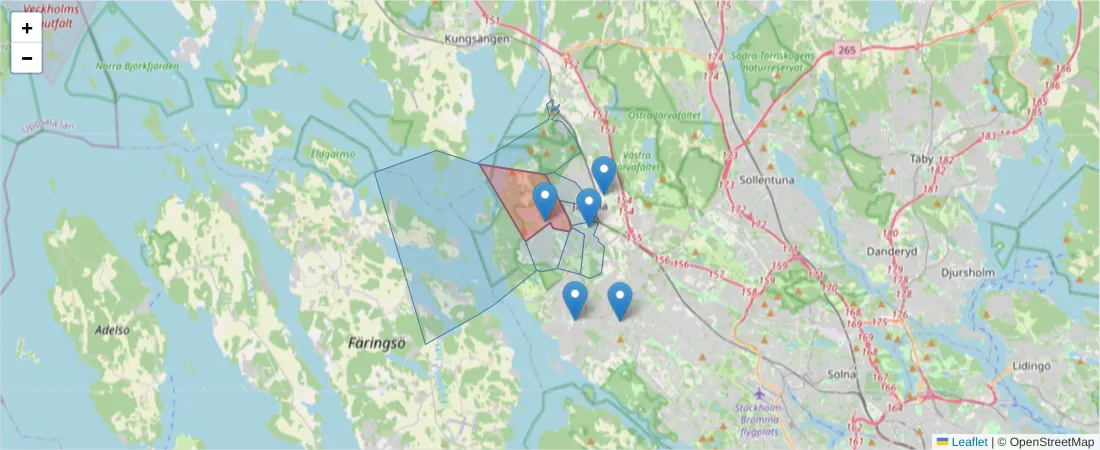 Karta över postnummerområdet  och angränsande postnummer i Sverige