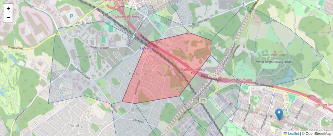 Karta över postnummerområdet  och angränsande postnummer i Sverige