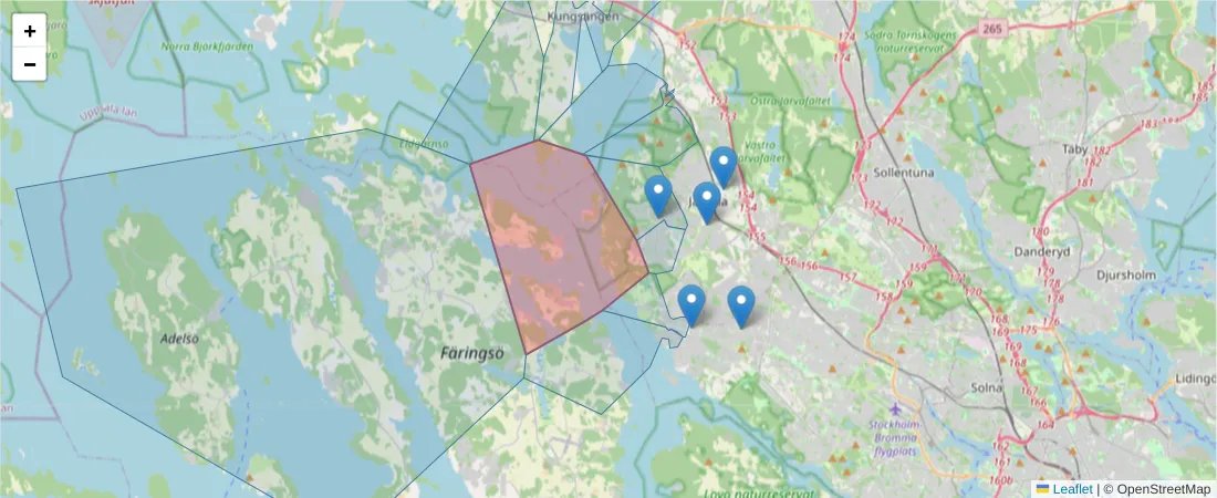 Karta över postnummerområdet  och angränsande postnummer i Sverige