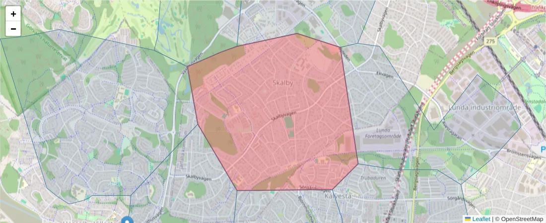 Karta över postnummerområdet  och angränsande postnummer i Sverige