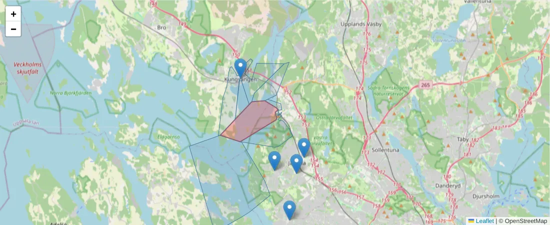 Karta över postnummerområdet  och angränsande postnummer i Sverige