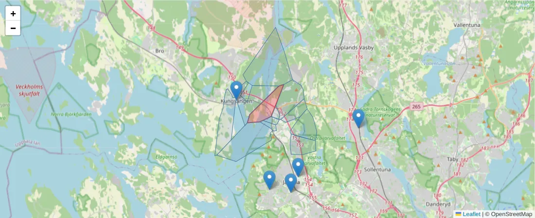 Karta över postnummerområdet  och angränsande postnummer i Sverige