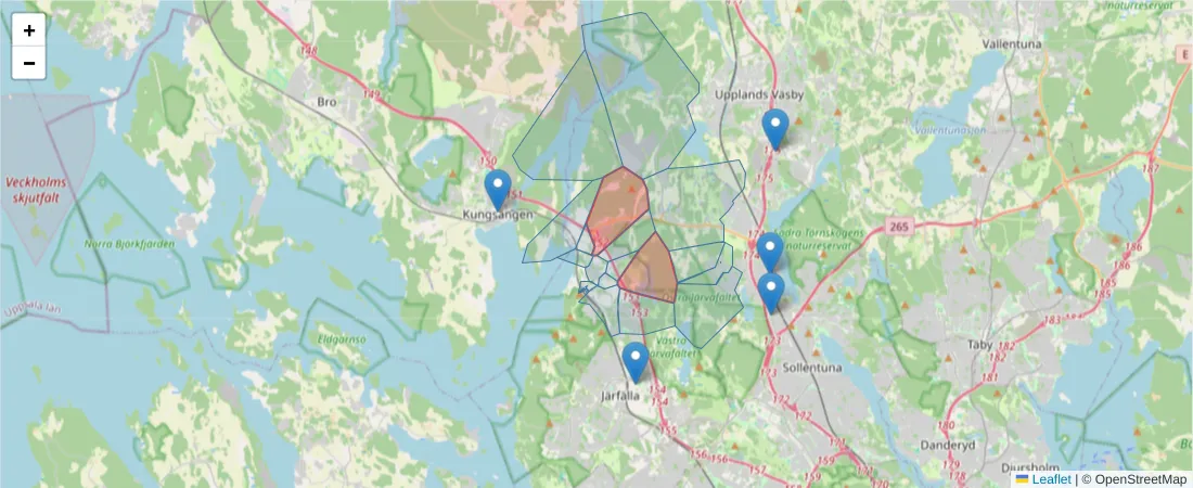 Karta över postnummerområdet  och angränsande postnummer i Sverige