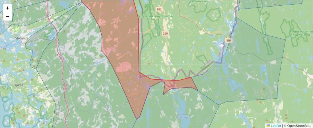 Karta över postnummerområdet  och angränsande postnummer i Sverige