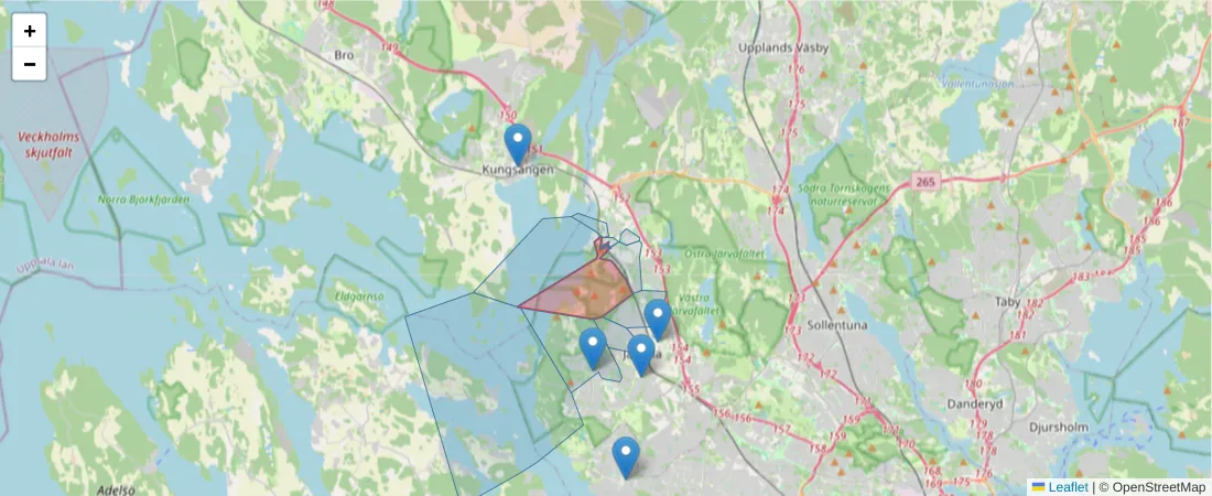 Karta över postnummerområdet  och angränsande postnummer i Sverige